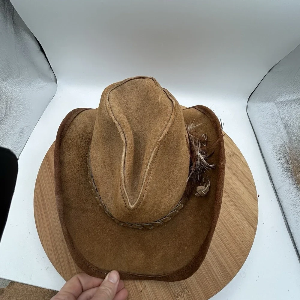 VTG  Leather Suede Mens Western SAVOY Hat With Feather Accent Size Medium 6 5/8